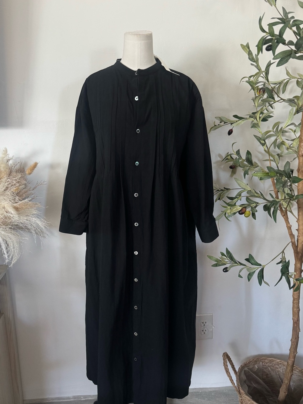 Ichi Black 100% Cotton Random Tuck Band Shirt Dress One Size NWT $215